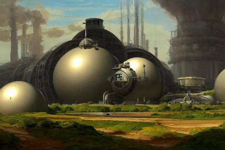 Image similar to a beautiful impressive science fiction big factory with a spherical architecture designed by boeing military and star wars with fat cables and pipes at its base, on a beautiful green hill in a the french countryside during spring season, painting by studio ghibli backgrounds and frederic edwin church hd, nice spring afternoon lighting, smooth tiny details, soft and clear shadows, low contrast, perfect