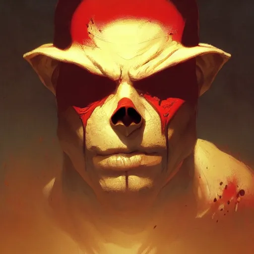 Image similar to 4k headshot of Spawn from Macfarlane comics , killing with green fire by Craig Mullins, ilya kuvshinov, krenz cushart, epic , artgerm trending on artstation by Edward Hopper and Dan Mumford and WLOP and Rutkovsky, beksinski carl spitzweg moebius and tuomas kocar, intricate artwork by caravaggio, Unreal Engine 5, Lumen, Nanite , 4K headshot of godlike clown with defined arms and open hands and bloody clothes with giant mandala wings , intricate face , flawless anime cel animation by Kentaro Miura, psychedelic , highly detailed upper body , professionally post-processed , beautiful, scary, symmetry accurate features, epic, octane rendered, anime masterpiece, accurate