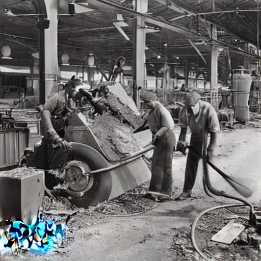 Image similar to photograph, men working in a machine shop sweeping up scrap metal, circa 1946