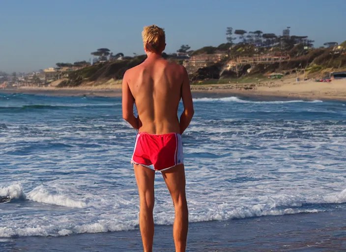 Prompt: skinny blonde male lifeguard roving salt creek beach in dana point, ca