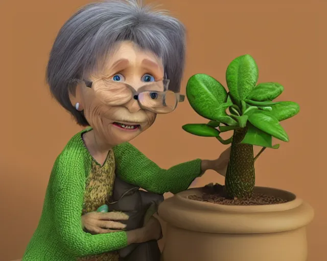 Image similar to detailed cartoon portrait of an old lady and her plant cat, pixar, sharp high quality 3d render