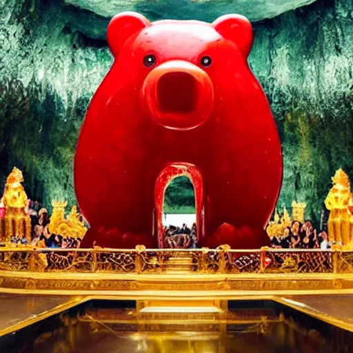 Prompt: a stunning image of a giant gummy bear on a golden pedestal, many people worshipping, dark cave like surrounding.