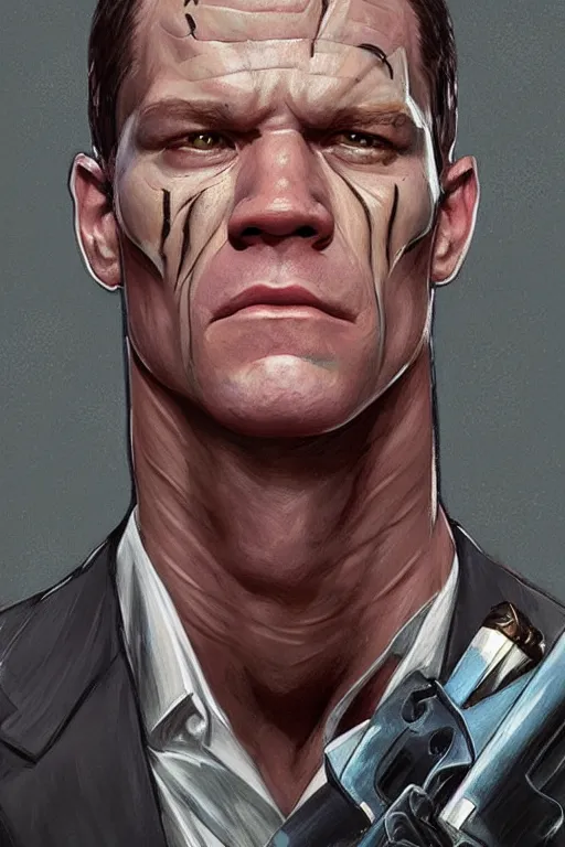 Image similar to portrait of john cena as harvey dent two face, godlike, upper body, fantasy, intricate, elegant, highly detailed, digital painting, artstation, concept art, sharp focus, illustration, art by artgerm and greg rutkowski and alphonse mucha