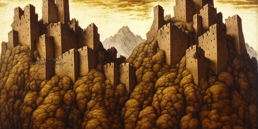 Image similar to matte oil painting of a dwarven fortress at the edge of a mountain range, by leonardo da vinci, mountainhomes, hillocks, smelters, forges, mounds, dwarven citizens, capital site, chiseled architecture, ornate, extremely detailed, sharp focus