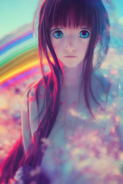 Image similar to pre-raphaelite cute anime girl with dark rainbow, blurred detail, photo by Annie Leibovitz, Anton Fadeev