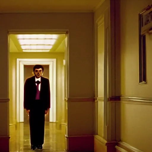 Image similar to mr bean in the shining. here is johny! movie still, cinematography, cinematic lighting