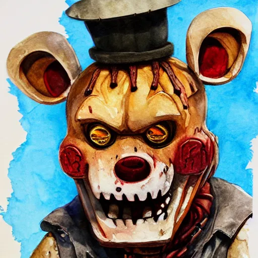 Image similar to water color on paper, zombie freddy fazbear, highly detailed, artstation, masterpiece, award - winning,