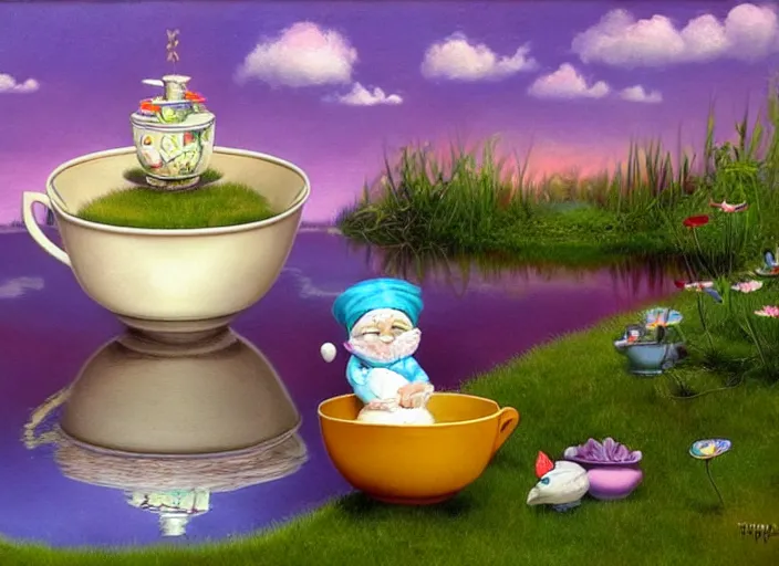 Image similar to a garden gnome sailing in a teacup, whimsical background of a reflective pond on a sunny day with dramatic clouds, an ultrafine detailed painting by mark ryden, trending on deviantart, pop surrealism, whimsical, lowbrow, joyous