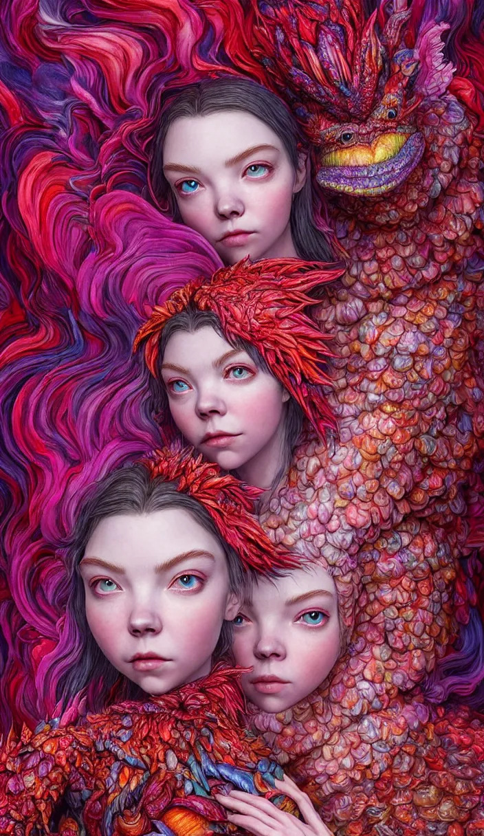 Prompt: hyper detailed 3d render like a Oil painting - kawaii portrait of two Aurora (a beautiful skeksis muppet fae queen protector heroine from dark crystal that looks like Anya Taylor-Joy) seen red carpet photoshoot in UVIVF posing in scaly dress to Eat of the Strangling network of yellowcake aerochrome and milky Fruit and His delicate Hands hold of gossamer polyp blossoms bring iridescent fungal flowers whose spores black the foolish stars by Jacek Yerka, Ilya Kuvshinov, Mariusz Lewandowski, Houdini algorithmic generative render, Abstract brush strokes, Masterpiece, Edward Hopper and James Gilleard, Zdzislaw Beksinski, Mark Ryden, Wolfgang Lettl, hints of Yayoi Kasuma and Dr. Seuss, octane render, 8k