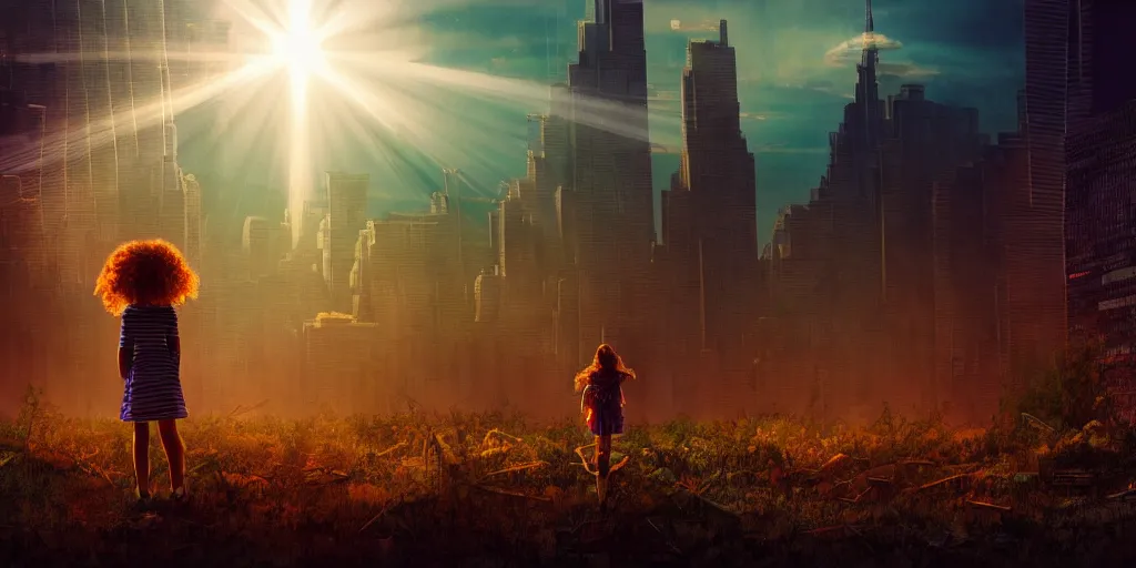 Prompt: sci - fi scene future new york cityscape, little girl in manhattan holding hand of giant robot, lonely girl, forest punk, crepuscular rays, epic scene, hyper realistic, photo realistic, overgrowth, cinematic atmosphere, ethereal lighting,