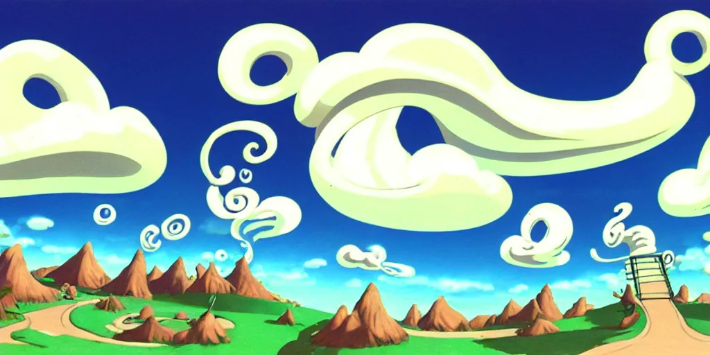 Image similar to chubby cartoon concept art, spiral clouds sky, from sam and max