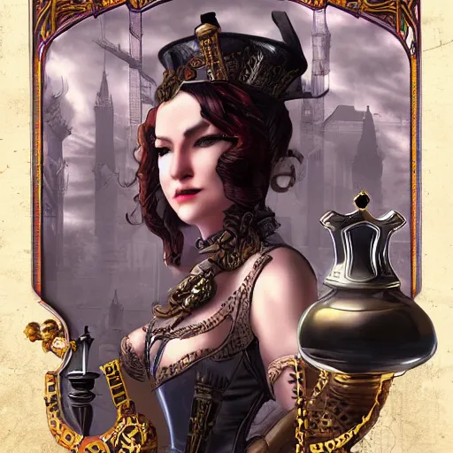 Image similar to queens gambit, woman playing chess, steampunk, high detail, digital art, smooth, featured on artstation