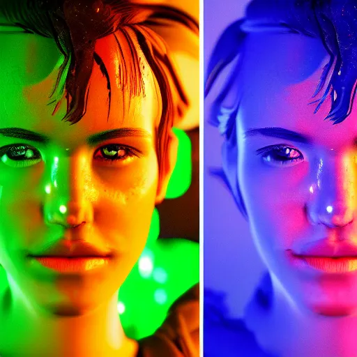 Image similar to a human portrait made out of rain, neon light, beautiful, rendered in octane, unreal engine, realistic