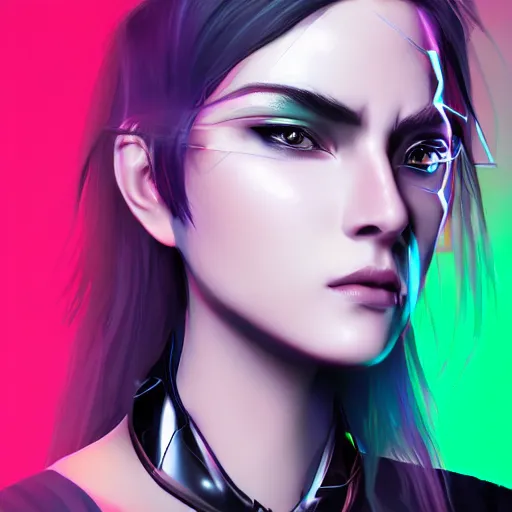 Image similar to headshot portrait of cyberpunk woman wearing thick steel choker around neck, 4K, detailed face, collar on neck, realistic, artstation, cyberpunk style, neon,