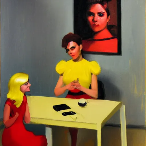 Image similar to by michael malm electric yellow, powerpuff girls. a computer art of two people, a man & a woman, sitting at a table. the man is looking at the woman with interest. the woman is not interested in him. there is a lamp on the table between them.