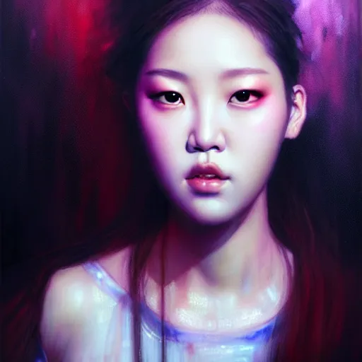 Image similar to roseanne park of blackpink, hyperrealistic portrait, bladerunner street, by karol bak and agnes cecile, fantasy art, photo realistic, dynamic lighting, artstation, poster, volumetric lighting, very detailed face, intricate complexity, rule of thirds, 8 k, award winning