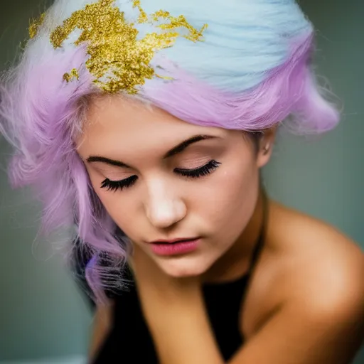 Prompt: a melanchonic photo of a beautiful young woman with cotton candy hair. with a little bit of gold and white