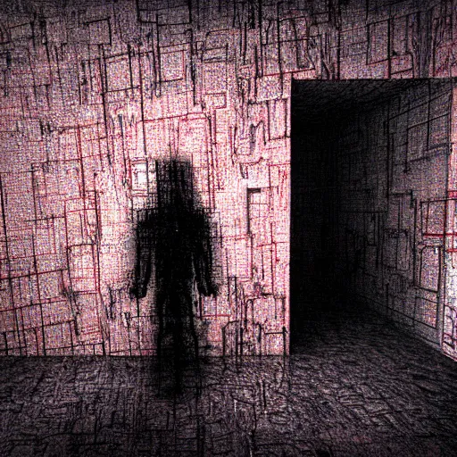 Image similar to cctv of an extremely dark empty abandoned building with glowing humanoid cryptid made out of television static, dark deep black shadows, red and black color contrast in the style of trevor henderson and james ensor goya, liminal space, 3 d octane render, glitch effect