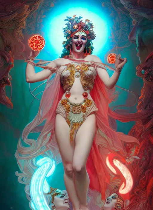Prompt: the goddess hera laughing maniacally, paper tunic, glowing eyes, volumetric lights, red and cyan theme, art nouveau botanicals, intricate, highly detailed, digital painting, artstation, concept art, smooth, sharp focus, cinematic, illustration, art by artgerm and greg rutkowski and alphonse mucha