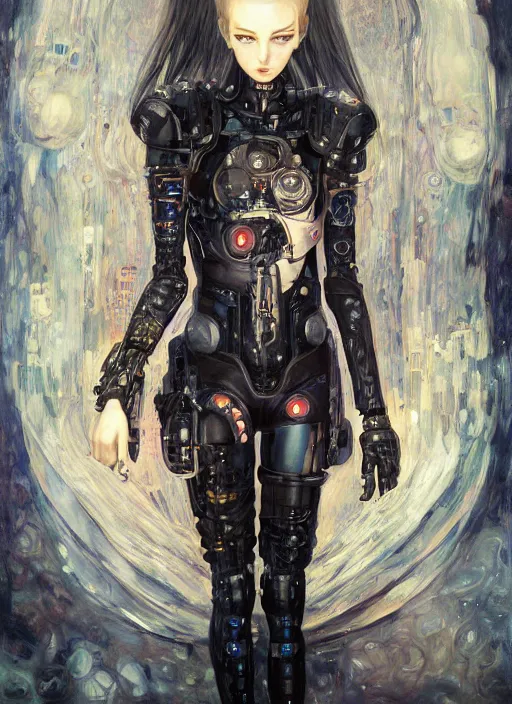 Image similar to portrait of cute beautiful young goth cyborg maiden, cyberpunk, Warhammer 40000, highly detailed, artstation, illustration, art by Gustav Klimt and Range Murata