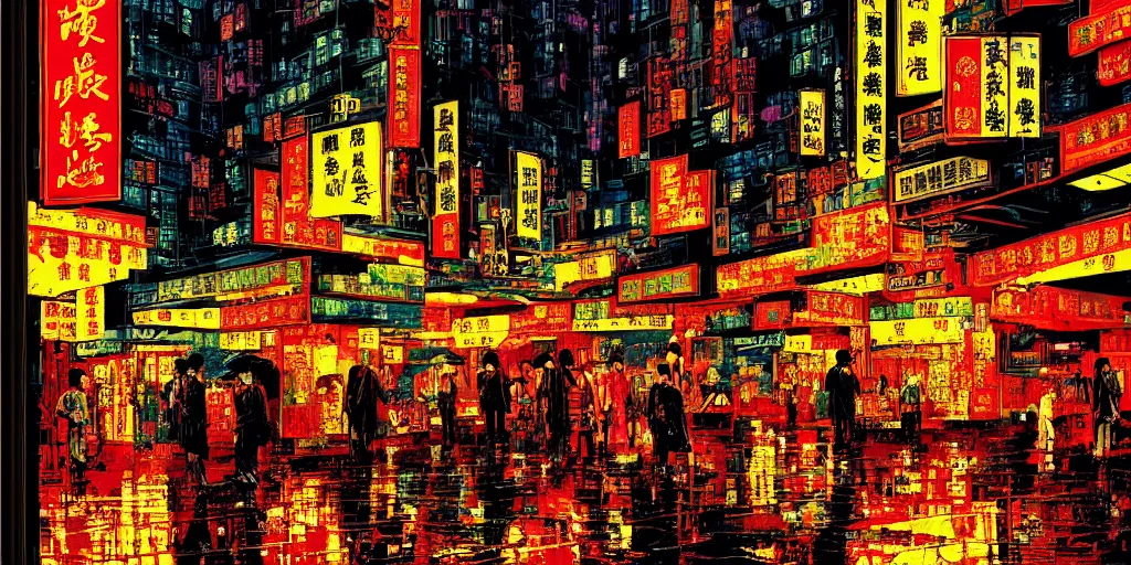 Prompt: artwork of wong kar - wai's hong kong street, by dan mumford and toshi yoshida and peter doig, vintage scifi, highly detailed, dramatic lighting, 8 k