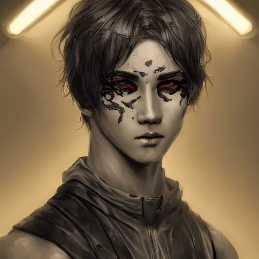 Prompt: stunning comic book style portrait painting of white parted down the middle short hair beautiful asian man, hyperdetailed beautiful black sclera eyes, in the style of WLOP, 8k masterpiece, cinematic lighting, pristine clean design, high fantasy, insanely detailed, atmospheric,