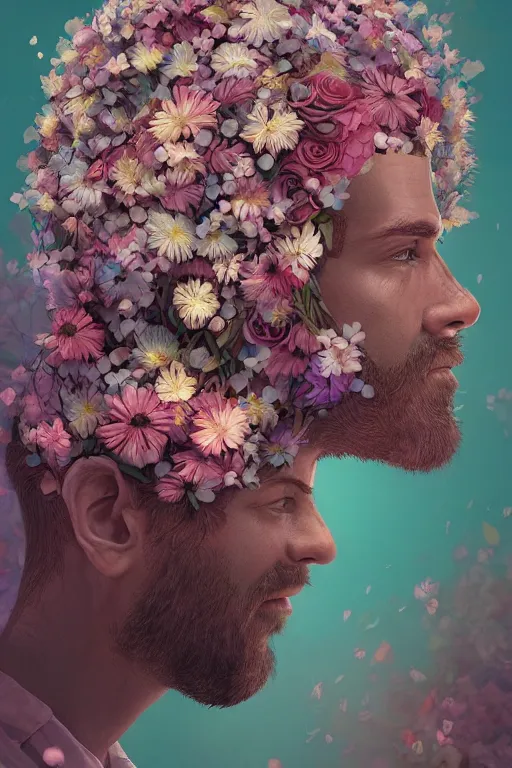 Prompt: a digital painting of a man with flowers in his head by Mike Winkelmann, cgsociety contest winner, digital art, made of flowers, digital painting, photoillustration