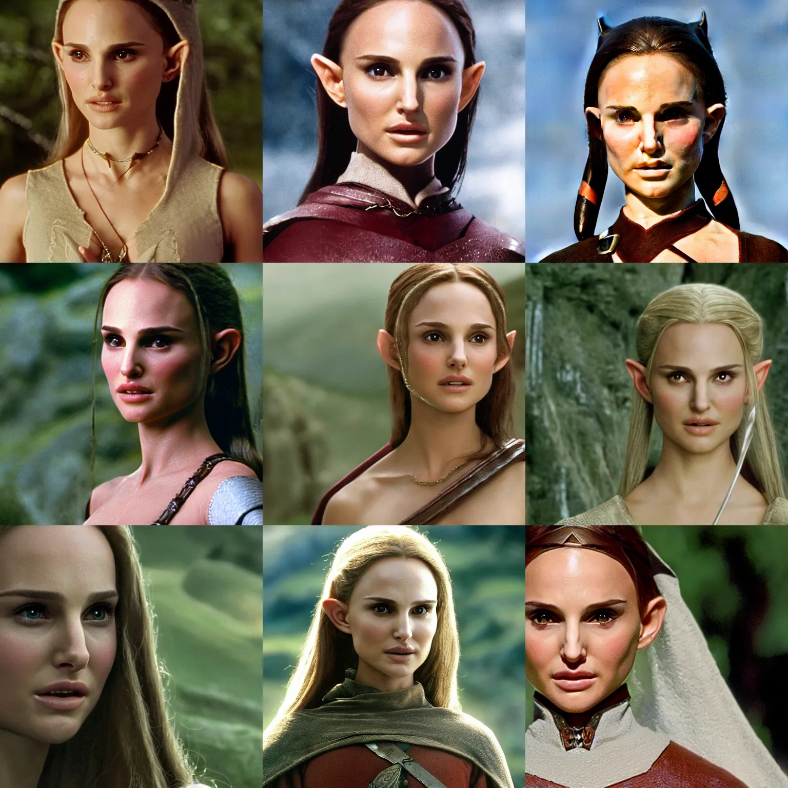 Prompt: high-resolution photo of elf Natalie Portman (youthful skin, symmetrical features, long pointed ears) in The Lord of the Rings, 8k