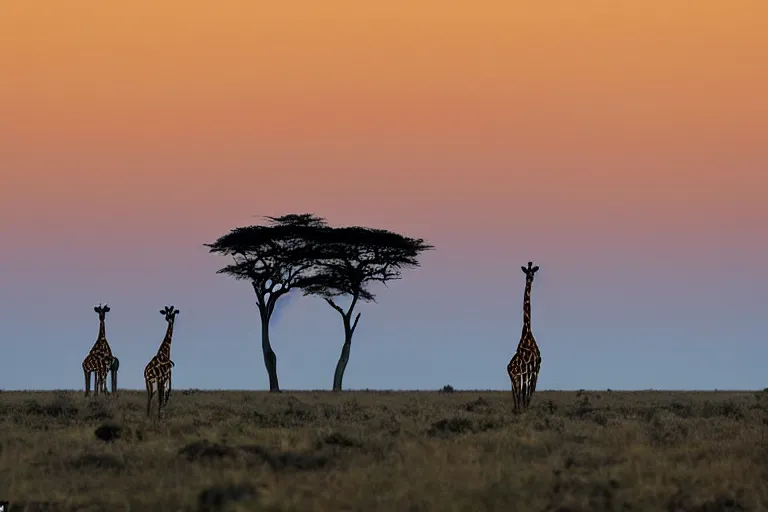 Image similar to a National Geographic nature photography of a horizon at the savanna, the sun just went under, several silhouettes of giraffes are poking their neck out