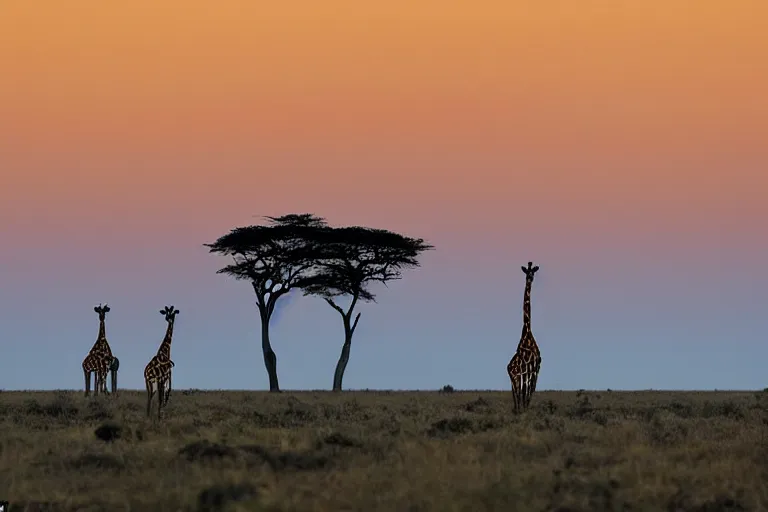 Prompt: a National Geographic nature photography of a horizon at the savanna, the sun just went under, several silhouettes of giraffes are poking their neck out