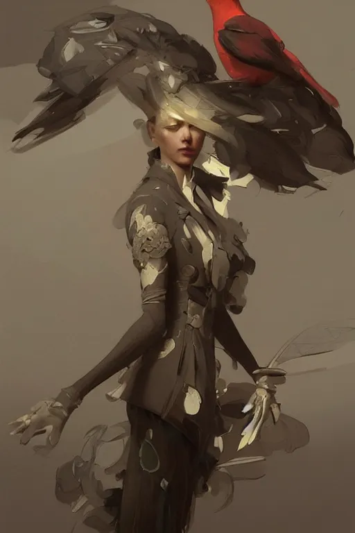 Prompt: Fashionable Anthropomorphic bird concept art, intricate, elegant, digital painting, concept art, smooth, sharp focus, illustration, finely detailed, from Metal Gear by Ruan Jia and Mandy Jurgens and Artgerm and William-Adolphe Bouguereau