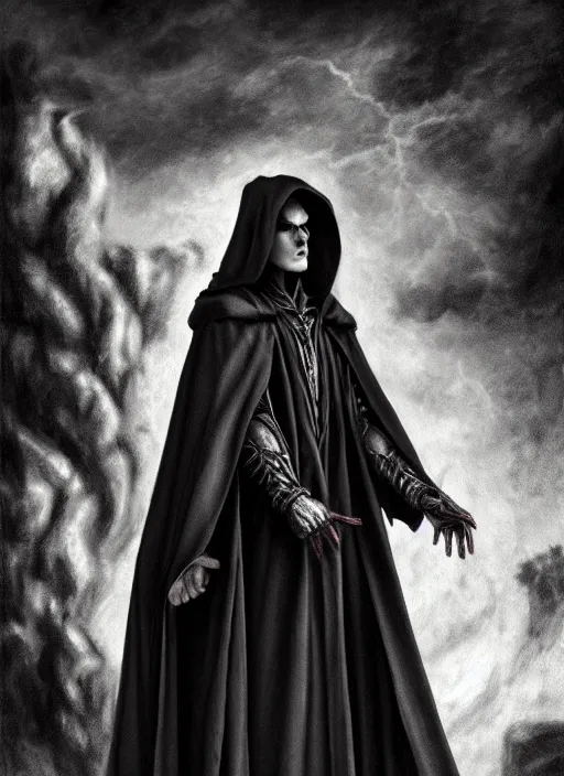 Image similar to fineart illustration of the necromancer wearing a black cloak, hyper detailed, crisp