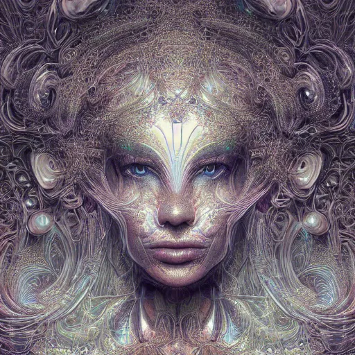 Prompt: beatifull frontal face portrait of a woman, 150mm, chromatic aberration, mandelbrot fractal, intricate, elegant, highly detailed, ornate, ornament, sculpture, elegant , luxury, beautifully lit, ray trace, octane render in the style of peter Gric and alex grey