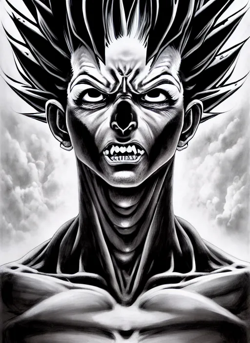 Image similar to a dream portrait of goku as god of the death, black & white, melting, webbing, 8 k, by tristan eaton, stanley artgerm, tom bagshaw, greg rutkowski, carne griffiths, ayami kojima, beksinski, giger, trending on deviantart, face enhance, hyper detailed, minimalist, horror, alien