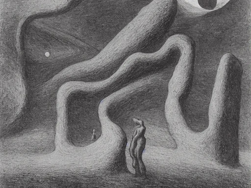 Prompt: Lunar landscape with giant African sculpted god in a crater, melancholy, noise, surreal. Painting by Alfred Kubin, Escher, Ernst Haeckel, Yves Tanguy