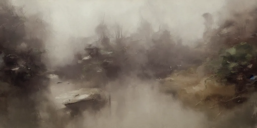 Prompt: floating islands in misty clouds, overgrown, waterfalls, by richard schmid, alla prima, loose gestural painterly, jeremy mann, greg manchess