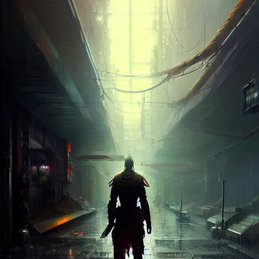 Image similar to an exhausted warrior wandering through a lost cyberpunk city from left to right, rainy day, radiant light, digital painting, art station, by les edwards, by greg rutkowski