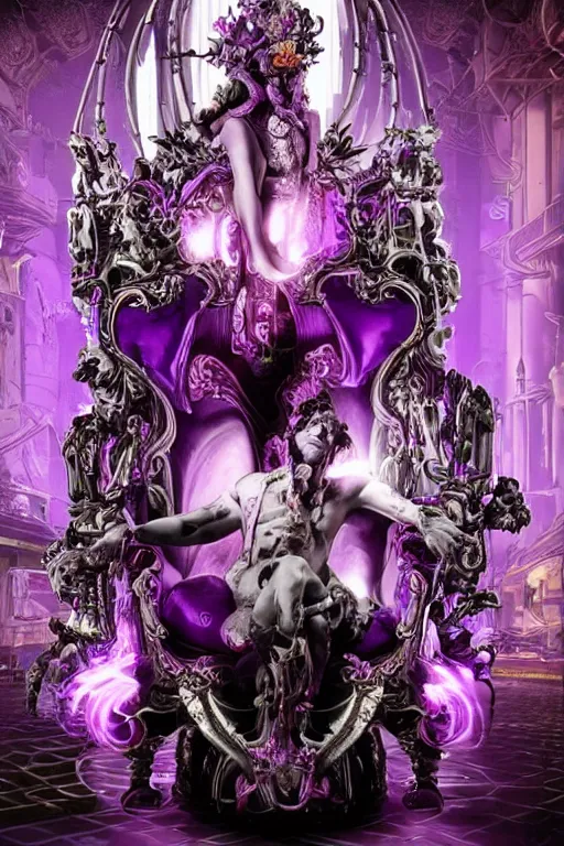 Prompt: full-body rococo and cyberpunk style violet neon statue of a young attractive Spanish male macho dotado android reclining sim roupa con piroca, glowing white face, prince crown of orange steampunk gears, diamonds, swirling silver-colored silk fabric. futuristic elements. full-length view. space robots. human skulls. throne made of bones, intricate artwork by caravaggio. Trending on artstation, octane render, cinematic lighting from the right, hyper realism, octane render, 8k, depth of field, 3D