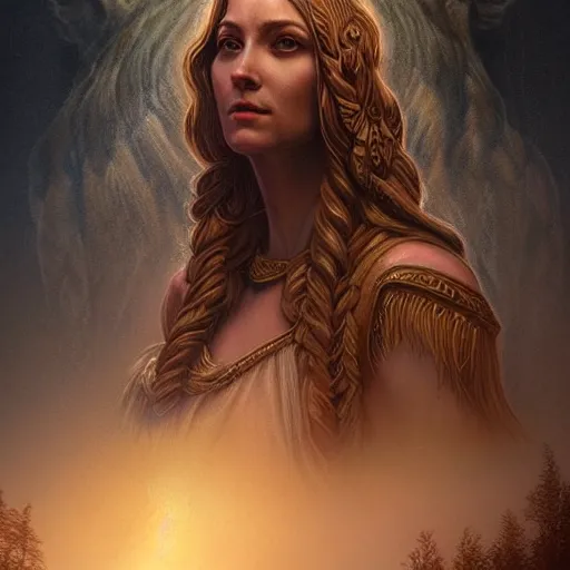 Image similar to majestic gracious regal deity artemis portrait, ancient greece, goddess of the hunt, the wilderness, atmospheric lighting, painted, intricate, volumetric lighting, beautiful, rich deep colours masterpiece, golden hour, sharp focus, ultra detailed, by leesha hannigan, ross tran, thierry doizon, kai carpenter, ignacio fernandez rios