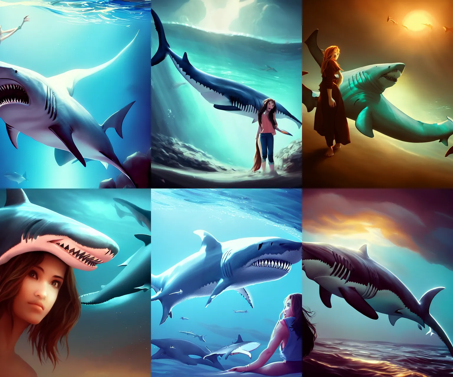 Prompt: shark whale and beautiful girl, radiant lighting, cinematic, artstation