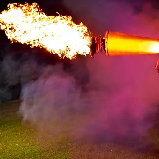 Image similar to photo of a clown using a flamethrower projecting a long bright flame towards a fire