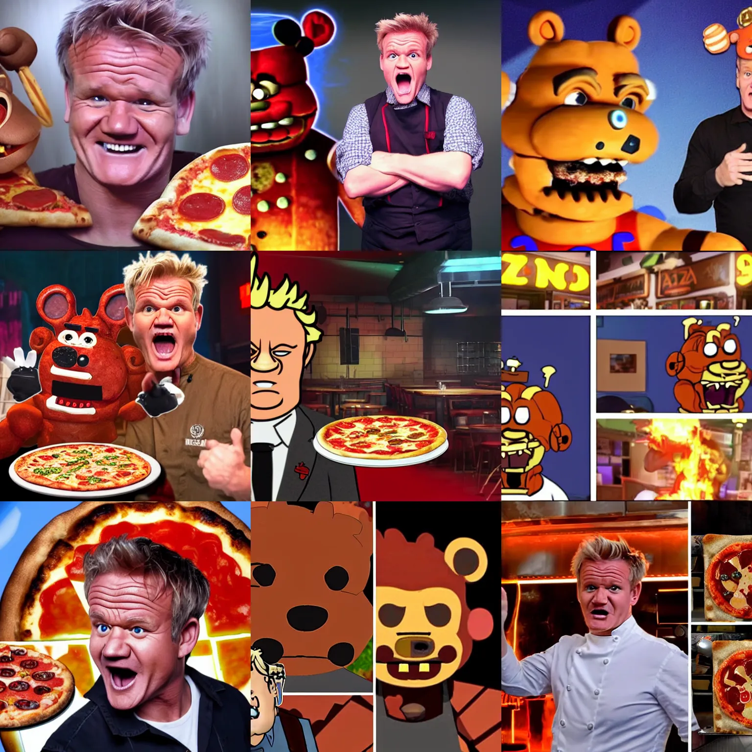 Prompt: Gordon Ramsey shouting because of terrible pizza at Freddy Fazbear\'s pizzeria, Freddy Fazbear, real-life photograph, picture, realistic, animatronics, scary, angry, raw