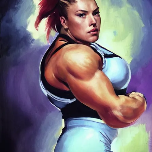 Image similar to greg manchess portrait of thick muscular weightlifter zarya from overwatch with ponytail and blond hair played by scarlett johansson showing back muscles, medium shot, asymmetrical, profile picture, organic painting, sunny day, matte painting, bold shapes, hard edges, street art, trending on artstation, by huang guangjian and gil elvgren and sachin teng