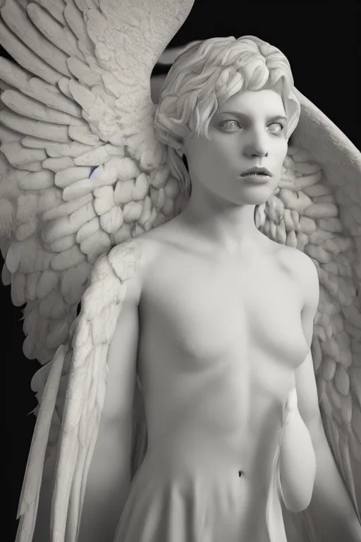 Image similar to wide angle portrait of a pure white angel subjugated to hate. One of the wings is black. dark fantasy, photoreal, octane render