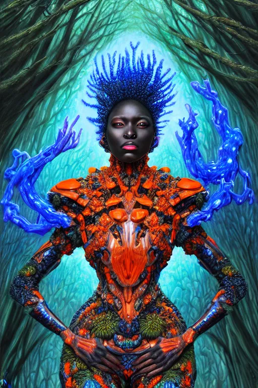 Image similar to hyperrealistic post-maximalist super expressive! black woman with exoskeleton armor, merging with tree in a forest, highly detailed digital art masterpiece smooth cam de leon hannah yata dramatic pearlescent blue orange light ground angle hd 8k sharp focus