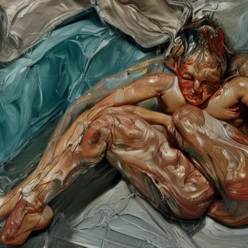 Image similar to high quality high detail painting by lucian freud and jenny saville, hd, multiverse, turquoise