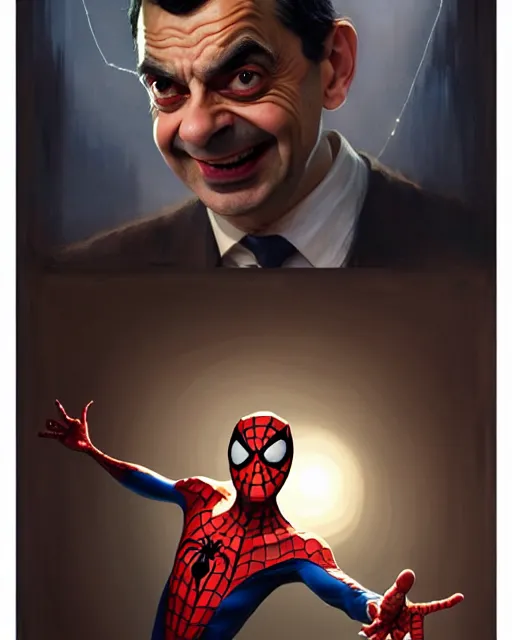 Image similar to mr bean as spiderman, fine details, realistic shaded lighting poster by greg rutkowski, magali villeneuve, artgerm, jeremy lipkin and michael garmash and rob rey