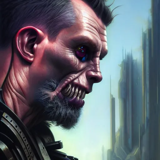 Image similar to portrait painting of a cyberpunk orc medic muscular michael sheen, ultra realistic, concept art, intricate details, eerie, highly detailed, photorealistic, octane render, 8 k, unreal engine. art by artgerm and greg rutkowski and charlie bowater and magali villeneuve and alphonse mucha