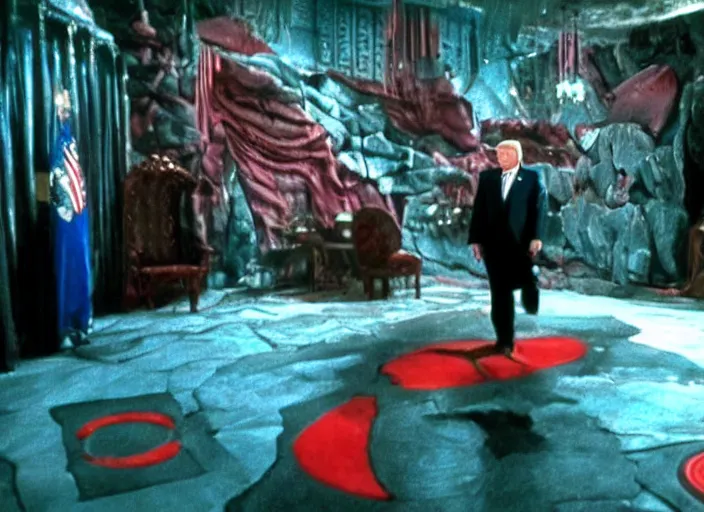 Image similar to screenshot from moody colorful scene of Donald Trump in a lair, scene from the film Batman and Robin 1997 film directed by Joel Schumacher, kodak film stock, anamorphic lens, 4K, crazy set design, wild lighting design, detail, stunning cinematography