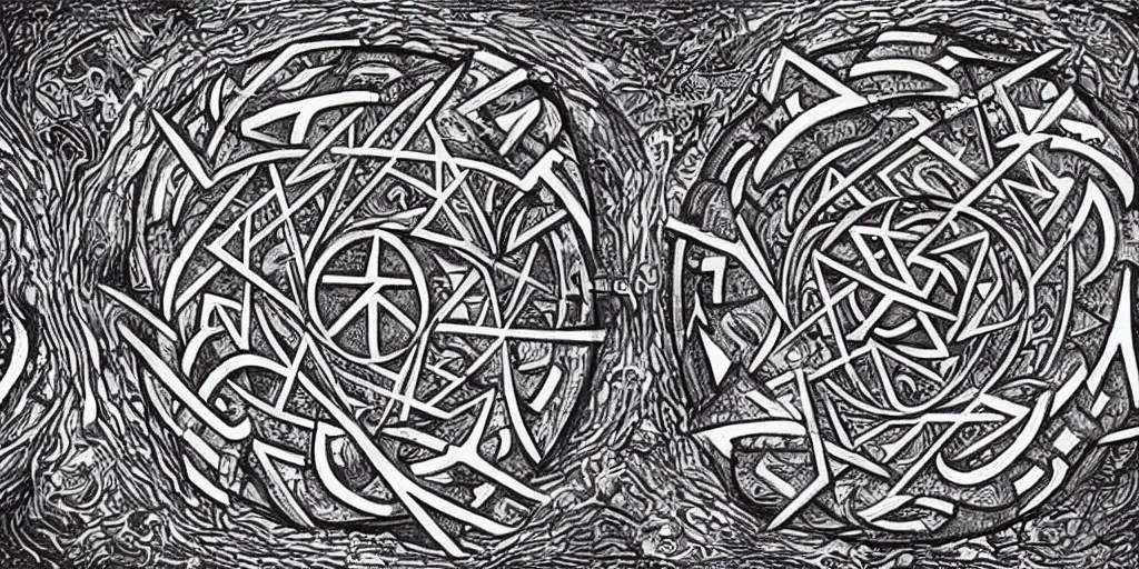 Image similar to wicca magik symbols, optical illusion escher, magical symbols